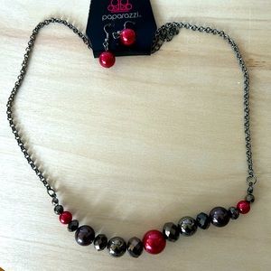 New 18” Paparazzi black, silver & red necklace/earring set
